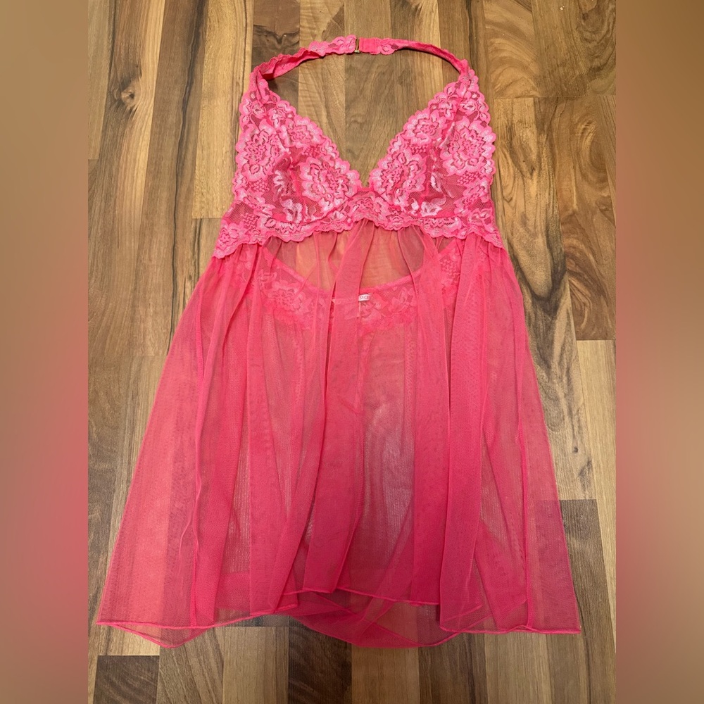 Victoria’s Secret Babydoll Slip Chemise Pink Lace Nightgown Lingerie Size large